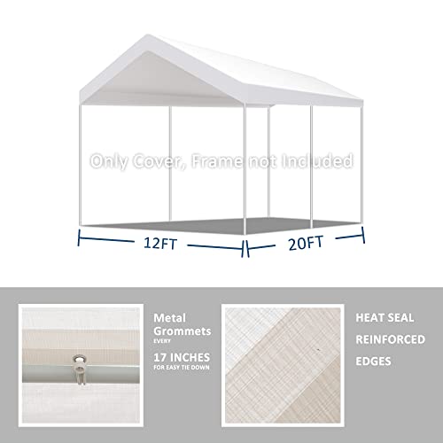 12'x20' Carport Replacement Canopy Cover for Car Garage Shelter Tent Party Tent Top Tarp with Ball Bungees (12' x 20' / White)