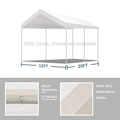 12'x20' Carport Replacement Canopy Cover for Car Garage Shelter Tent Party Tent Top Tarp with Ball Bungees (12' x 20' / White)