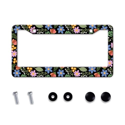Colorful Wildflower License Plate Frames Cute Flowers Women License Plate Holder Covers Floral Girly Car Tag Frame Metal Aluminum Rustproof Decorative Car Accessories with Screws (Blue purple flowers)