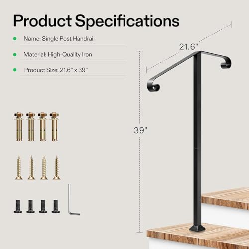 2 Step Stair Handrail 22"x39" Wrought Iron with 2 Curved Ends Black (Black / 2 Steps)