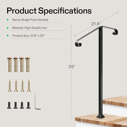 2 Step Stair Handrail 22"x39" Wrought Iron with 2 Curved Ends Black (Black / 2 Steps)