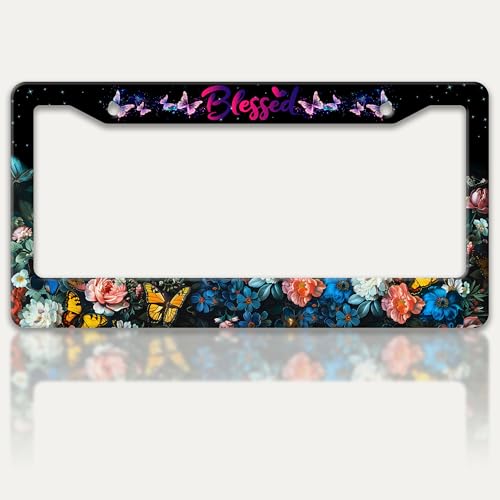 Blessed License Plate Frame Butterfly Flowers License Plate Holder 6x12 in (Blessed Butterfly Flowers)