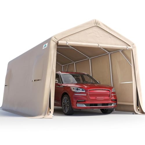 Heavy Duty 10X20 ft Carport Outdoor Patio Portable Canopy Storage Shelter Shed with 2 Rolled up Zipper Doors & Vents for Snowmobile Garden Tools (Beige / 10'x20')