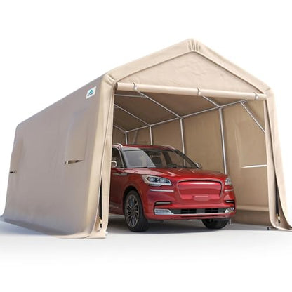 Heavy Duty 10X20 ft Carport Outdoor Patio Portable Canopy Storage Shelter Shed with 2 Rolled up Zipper Doors & Vents for Snowmobile Garden Tools (Beige / 10'x20')