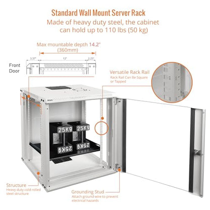 12U Wall Mount Rack Network Cabinet for 19" IT Equipment (12U/Glass Door/White)
