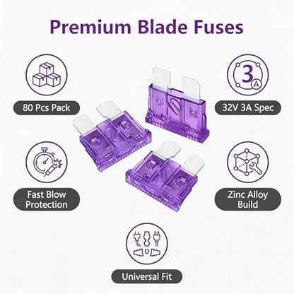 80Pcs) 3 Amp Standard Fuse, 3A Car Blade Fuses for Car/RV/Truck/SUV/Motorcycle/Boat (3A)