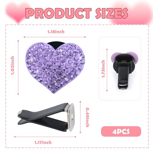 4PCS Heart Shaped Car Vent Clips with Rhinestone (Purple)