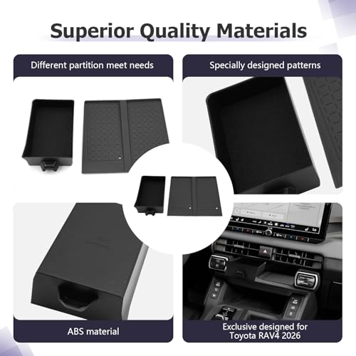 for 2026 RAV 4 Accessories Compatible with 2026 RAV 4 Center Console Organizer Armrest Console Secondary Storage Box Insert Tray & Center Console Wireless Charging Mat ABS Material Black 2