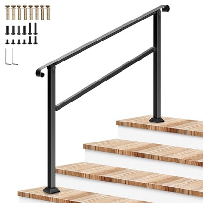 4 Step Stair Handrail 54"x36" Wrought Iron with Curved Ends Black (Black / 4 Steps)