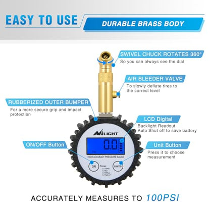 Digital Tire Pressure Gauge 100PSI ANSI 2A Certified (Digital Tire Gauge)