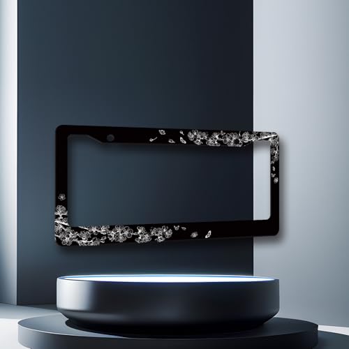 Stainless Steel Black White Cherry Blossom License Plate Frame 12.2 x 6.2In (Cherry Blossom Butterfly)