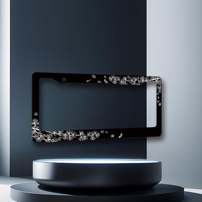 Stainless Steel Black White Cherry Blossom License Plate Frame 12.2 x 6.2In (Cherry Blossom Butterfly)