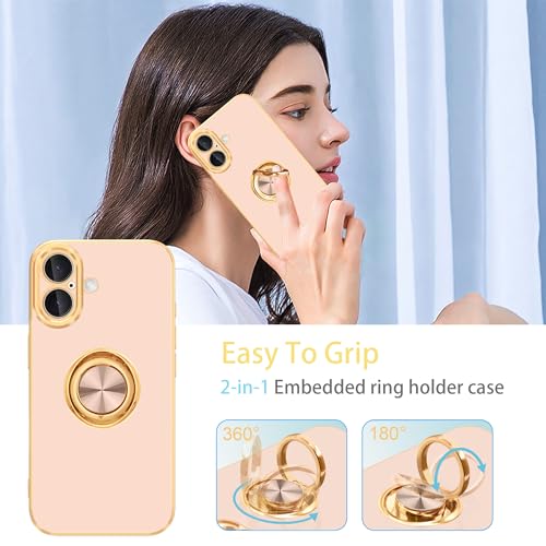 for iPhone 16 Case 360° Rotatable Ring Holder Magnetic Kickstand (For iPhone 16(6.1 inch,2024) / D-Rose Gold)
