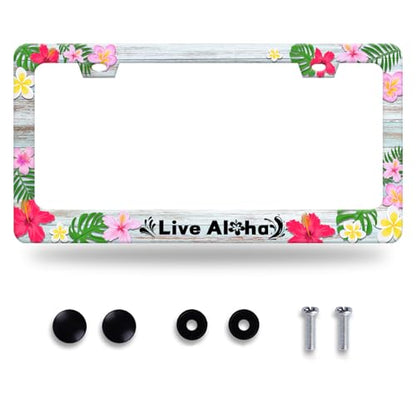 Aloha License Plate Frame Stainless Steel Hawaii Car Accessory (Hawaii Hibiscus Flower Live Aloha)