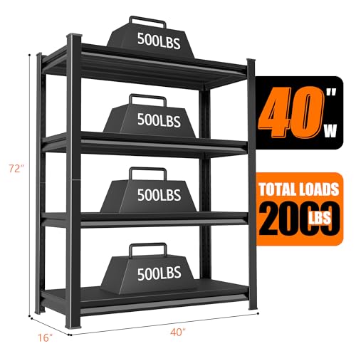 40in Wide Garage Shelving Heavy Duty (40"W×16"D×72"H / Black)