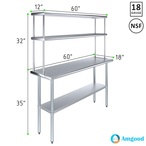Stainless Steel Work Table Double Tier Overshelf (18" x 60" Work Table + 12" Overshelf)