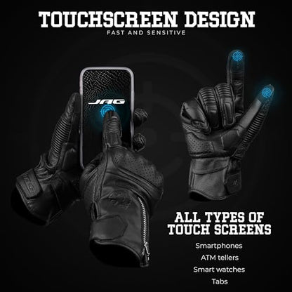 Leather Motorcycle Motorbike Knuckle Protection Powersports Gloves (Black/Zip / XX-Large)