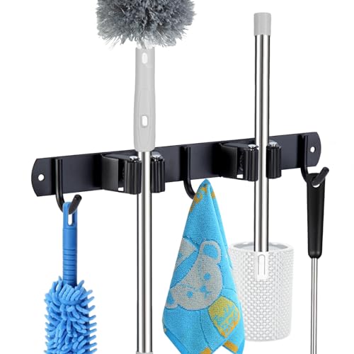 2 Racks and 3 Hooks Mop and Broom Holder Wall Mount (2 Racks 3 Hooks / Black)