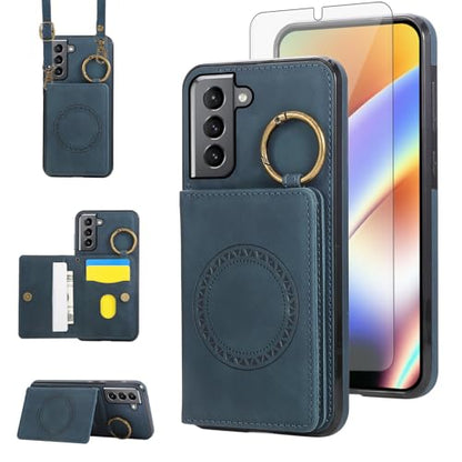 Compatible with Samsung Galaxy S21 Plus S21+ 5G Wallet Case Screen Protector Crossbody Shoulder Strap Ring Buckle Stand Card Holder Magnetic Car Mount Phone Cover for S21+5G S21plus Women Men Green (Green / for S21 Plus)