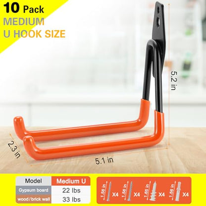 10 Pack Garage Hooks Heavy Duty Storage Organizer Wall Mount Power and Garden Tool Hangers (Medium U Hook / Orange 10 pack)