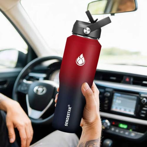 32oz Water Bottle Wide Mouth Stainless Steel Vacuum Insulated Double Wall with 2 Straw Lids Fit in Any Car Cup Holder (Carbon Red / 32 Ounces)