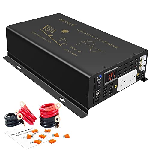 3000W Pure Sine Wave Power Inverter 48VDC to 120VAC 6000W Peak Dual AC Outlets 2× 2.4A USB Port &Hardwire Terminal Off (3000W48V)