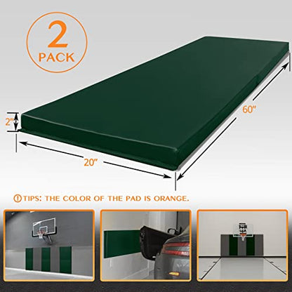 2 Pack Sport Wall Pads 2” Thick Foam Protection Padding Gym Basketball (60" x 20" x 2" / 2 PACK / DARK GREEN)