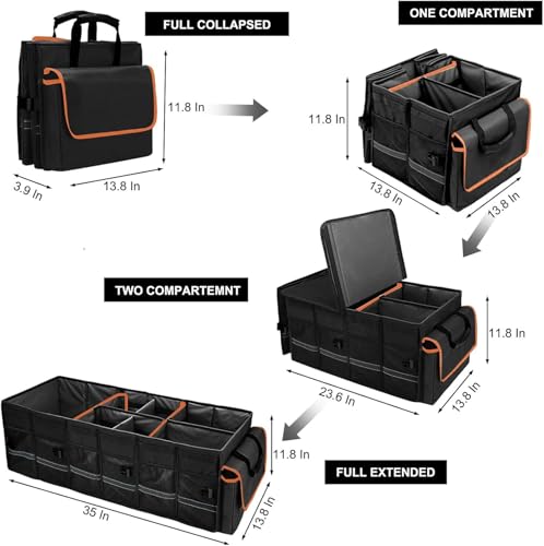 Car Trunk Organizer and Storage with Lid & Removable Leakproof Cooler Bag (Black / Large)