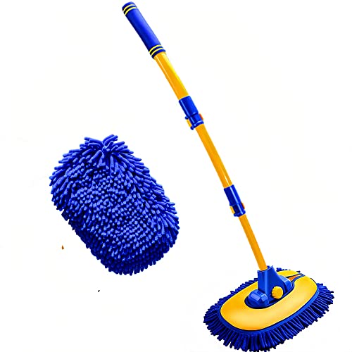 15°Curved Chenille Car Wash Brush Mop with Long Handle (Blue-001)