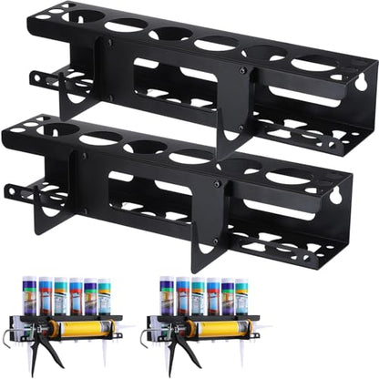 2 Pack Caulking Tube and Gun Holder 6 Slot 16.3 x 6.1 x 3.4 inch Caulking Gun Storage Rack with Horizontally Base Sealant Organizer for Garage Workshop Work Van Wall Mounted Tubes and Nozzle (6 Slots)