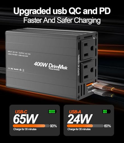 400W Car Power Inverter 12V to 110V AC｜24W+65W USB C (BLACK)