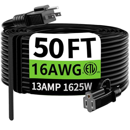 Indoor Outdoor Black Extension Cord 50 FT Waterproof 16 (50 FT / 16/3 Extension Cord / Black)