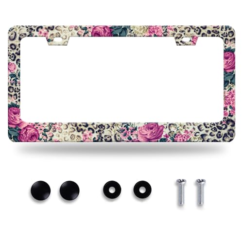Rose Leopard License Plate Frame Stainless Steel Accessories12.3 x 6.3" (Vintage Roses Leopard Print)