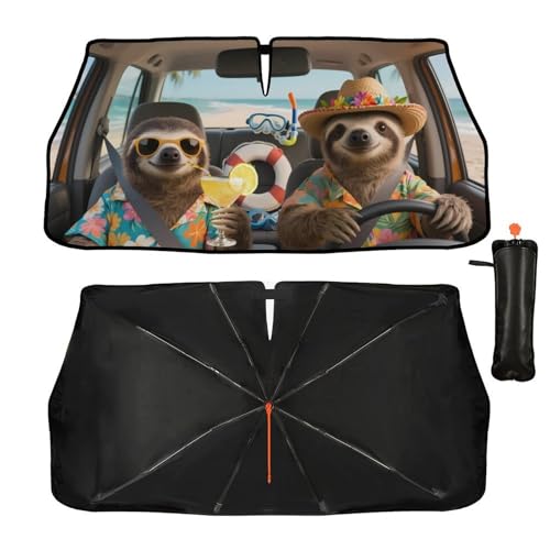 Funny Sloth Car Windshield Sun Shade Umbrella Bendable Handle Foldable Animal Print Sloth Sunshade for Car Windshield Block UV Rays Keep Vehicle Cool for Most Sedans SUV Trucks Cars 57"x30" (147*75cm,33*11cm / Sloth)