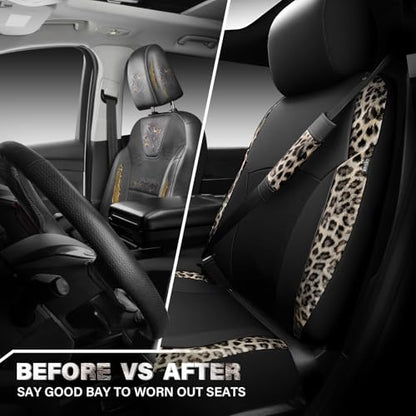 Leopard Print Faux Leather Car Seat Covers & Leopard Car Mats&Leopard Steering Wheel Cover Seat Belt Universal Car Accessories for SUV (Leopard Gold combo)