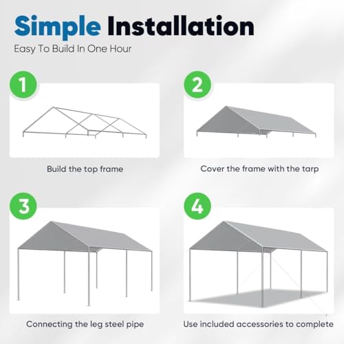 10x15 ft Heavy Duty Car Canopy Galvanized Frame Carport Outdoor Party Tent Boat Shelter with 3 Reinforced Steel Cables (Gray / 10'x15')