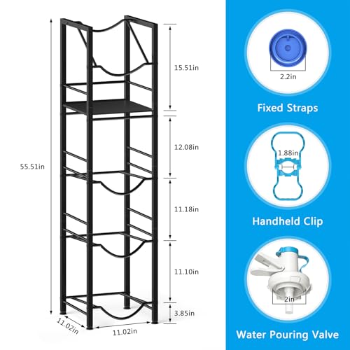 2-In-1 5 Gallon Water Jug Holder, 5 Tier Water Jug Stand Holder with 1 Dispenser Valves, 5 Gal Water Bottle Storage Rack Organizer for Kitchen, Office, Garage (11.02 inches x 11.02 inches x 55.51 inches)