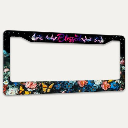 Blessed License Plate Frame Butterfly Flowers License Plate Holder 6x12 in (Blessed Butterfly Flowers)