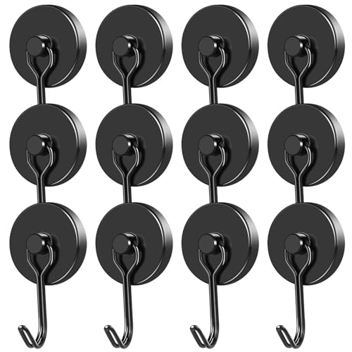 Magnetic Hooks 12 Pack 120Lbs Heavy Duty Neodymium Magnet Hook (Black / 1.26×2.67 in)