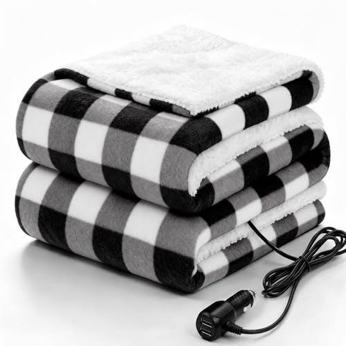 12 Volt Heated Car Blanket (Black Plaid)