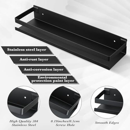 2 Pieces Stainless Steel Shelf Bathroom Shower Floating Shelves Wall Mounted Shower Caddy Basket Shelf Storage Organizer Shelves for Bathroom (11.81 Inch/ 30 cm / Black)