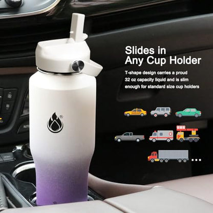 32oz Water Bottle Wide Mouth Stainless Steel Vacuum Insulated Double Wall with 2 Straw Lids Fit in Any Car Cup Holder TXIN (White&Voilet / 32 Ounces)