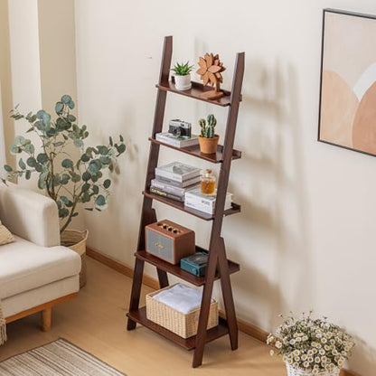 Bamboo Ladder Shelf Bookcase (5 Tier / Walnut)