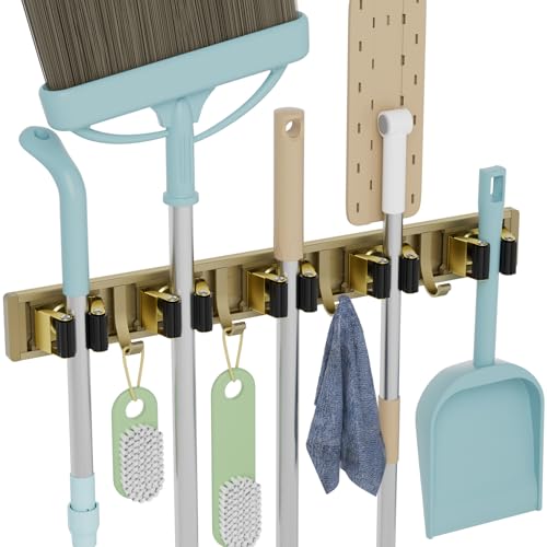 Broom Holder Wall Mount Mop Hanger Tools organizer 5Racks 4Hooks (Bronze)