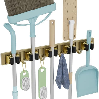 Broom Holder Wall Mount Mop Hanger Tools organizer 5Racks 4Hooks (Bronze)