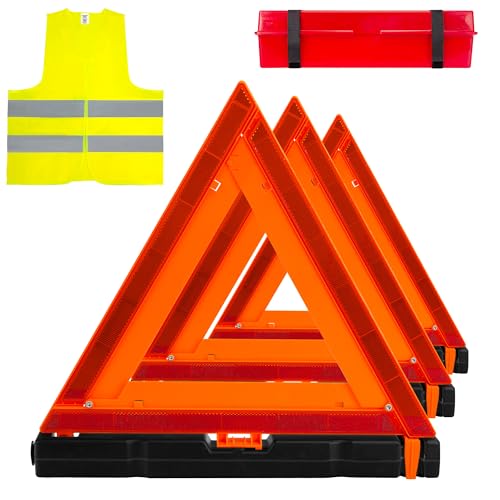 3Pack Car Warning Triangle Heavy Reflective Warning Road Safety Triangle Kit Suitable for car Breakdown and Temporary Parking on the Road (Red-L-3)