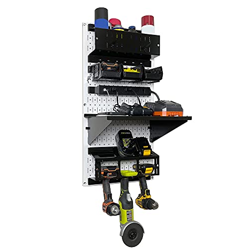 Power Tool Storage Organizer Kit Cordless Drill Holder Charging Station Rack 16” x 32” Metal Pegboard Organization System (White Pegboard)