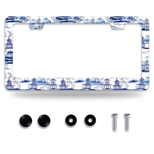 Blue White Porcelain Pattern License Plate Frame Chinoiserie License Plate Frames Funny for Car Decorative Parts Stainless Stee License Plate for Standard Us Canada 12x6 Inch (Blue White Porcelain Pattern)