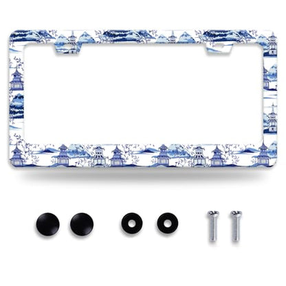 Blue White Porcelain Pattern License Plate Frame Chinoiserie License Plate Frames Funny for Car Decorative Parts Stainless Stee License Plate for Standard Us Canada 12x6 Inch (Blue White Porcelain Pattern)