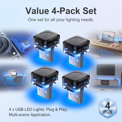 4 PCS Car Interior USB LED Lights